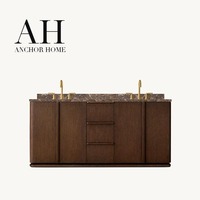Meuble-lavabo de salle de bain moderne de luxe américain en bois massif avec base en bois et plan de travail en marbre, double vasque, écologique et durable