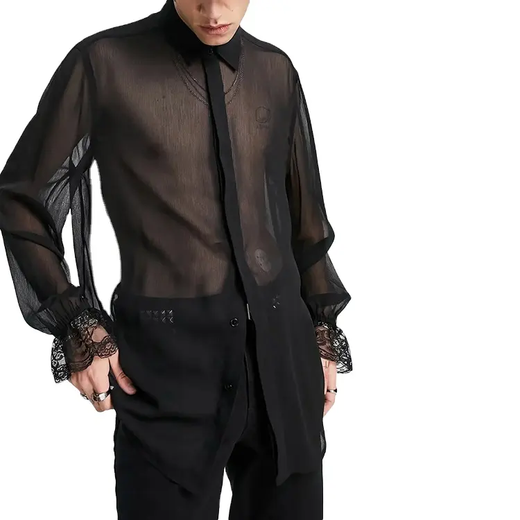 Sexy Black Sheer Thin Mesh Man Top Long Sleeve Button-Up Turn Down Collar Delicate Lace Cuff Men's Mesh Shirt