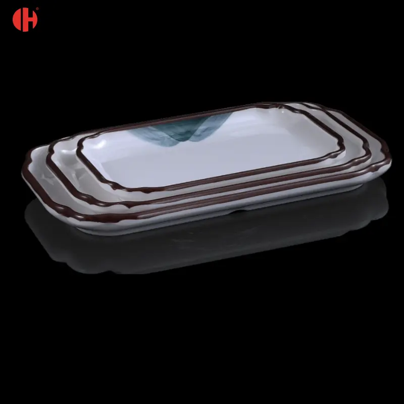 M072customize luxury hill design Sustainable high quality rectangle Plastic Durable Plate Melamine Tableware Set restaurant use