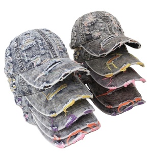 Retro Washed PVC Denim Patchwork 6-Panel Baseball Cap Holes Color-Block Design Frayed Edges Sun-Protection Trendy Unisex - Product Image 1