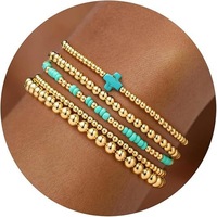 Ensemble de bracelets à perles CCBGold, cadeau de Noël pour filles, plaqué or, turquoise, croix, perles rondes, bracelet extensible en perles