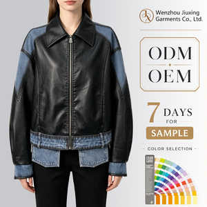 <span class=keywords><strong>Veste</strong></span> en <span class=keywords><strong>cuir</strong></span> PU noire coupe-vent élégante pour femme, <span class=keywords><strong>veste</strong></span> en <span class=keywords><strong>cuir</strong></span> surdimensionnée tendance avec patchwork en denim - Product Image 1
