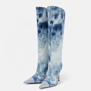 Women Tie-dye Denim Knee High Boots Soft Suede Thin Heels <b>Long</b> Booties High-Heeled Ladies Diamonds Stiletto Pumps Shoes - Product Image 6