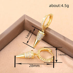 Boucles d'oreilles de luxe plaquées or avec diamants, style punk, pour femme, créoles en or 22 carats avec pendentif conique, pour usage quotidien, taille brillant rond - Product Image 5