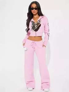 C0290 Setelan 2 Potong Celana Panjang Kasual Olahraga Rajut dengan Cetakan Huruf - Product Image 2