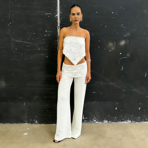 Women's Solid Color <b>Lace</b> Patchwork <b>Elastic</b> Waist Regular Fit Straight Leg Casual Knitted Comfort Summer Pants - Product Image 3