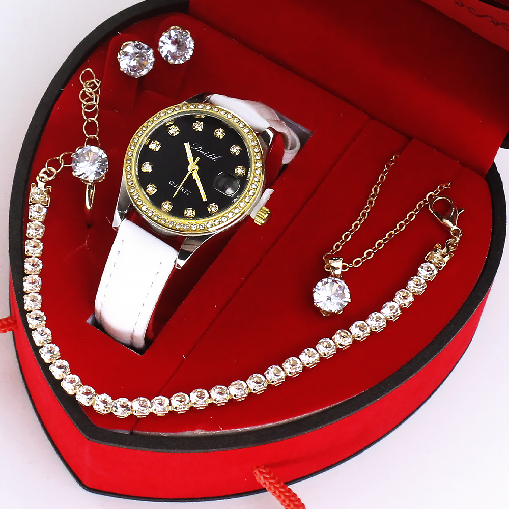 Orologio con cinturino bianco e quadrante nero + gioielli