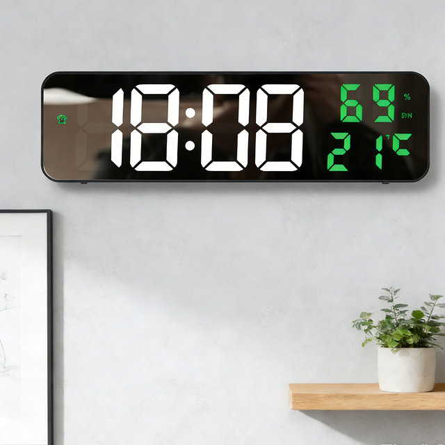 Smart Large Electric LED Digital Plastic Modern Alarm Mirror Wall Clock Temperature Humidity Display USB/Battery Living Room