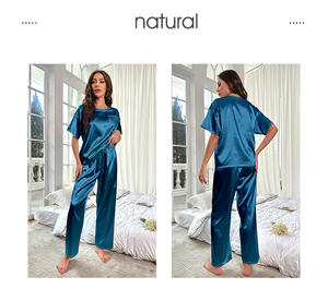 Wholesale Summer Fashion Women Ice Satin <b>Pajamas</b> Silk Short Sleeve Trousers Set Soft Solid Loose Causal Sleepwear <b>Suit</b> - Product Image 3