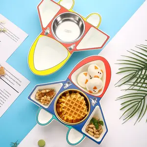 Spot Cartoon Aircraft Children's Dinner Plate Baby Food Supplement 304 Stainless Steel Bowl Kindergarten Household Grid Plate