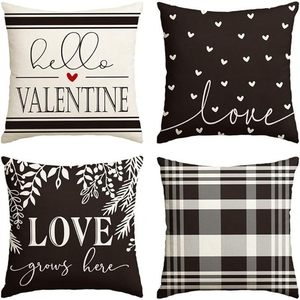 Valentine's Day Heart Pillow <b>Cover</b> Set 4Pc Square <b>Throw</b> Pillowcase Red Plaid Love Home Decor Cushion <b>Cover</b> for <b>Sofa</b> - Product Image 2