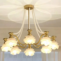 Lustre 6051Warm, style nordique, crème, forme de fleur décorative, cuivre, verre, perle, éclairage de chambre à coucher