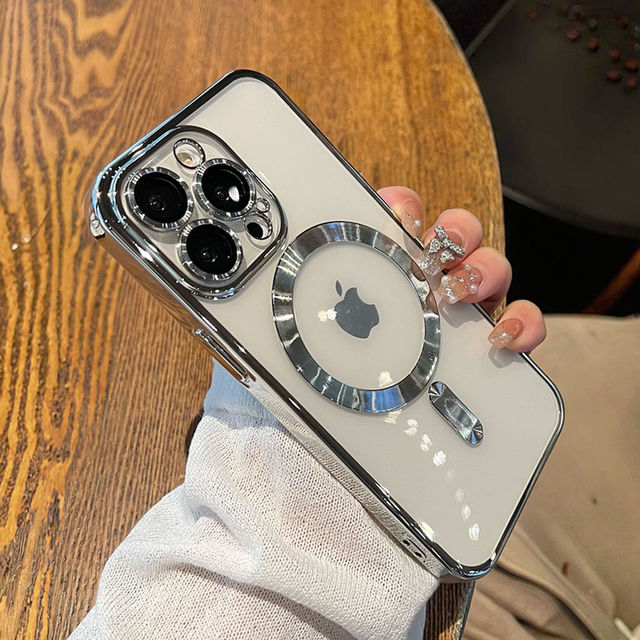 Transparent Electroplated Magnetic Suction Mobile Phone Case with Lens Film For Iphone 11 12 13 14 15 16 17 Pro Max 16E 17Air