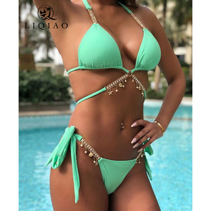 Ensemble de <span class=keywords><strong>bikini</strong></span> vert menthe personnalisé LIQIAO avec chaîne dorée et décorations en coquillages, ensembles de <span class=keywords><strong>bikini</strong></span> halter, conception gratuite ODM/OEM de haute qualité - Product Image 1
