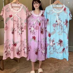 ชุดนอนลำลองของผู้หญิงพิมพ์ลายดอกไม้ชุดนอนเลานจ์สไตล์ชายหาดฤดูร้อนลูกไม้คอกลมผ้าไหม<span class=keywords><strong>นม</strong></span>โอเวอร์ไซส์เดรสเสื้อยืดใส่อยู่บ้าน - Product Image 3