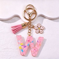Porte-clés en résine rose en forme de fleur avec alphabet, 26 lettres, pompon et paillettes, pour sac à main femme, vente en gros