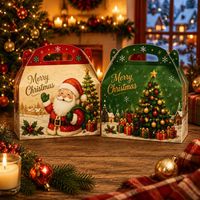 Boîte en carton blanc avec poignée, motif Noël, Père Noël, bonhomme de neige, arbre, flocon de neige, pour bonbons, biscuits, friandises, cadeaux de fête