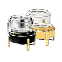 Plat à chafing rond de luxe en acier inoxydable plaqué or avec couvercle en verre hydraulique visible, chauffe-plats pour hôtels et traiteurs, vente en gros