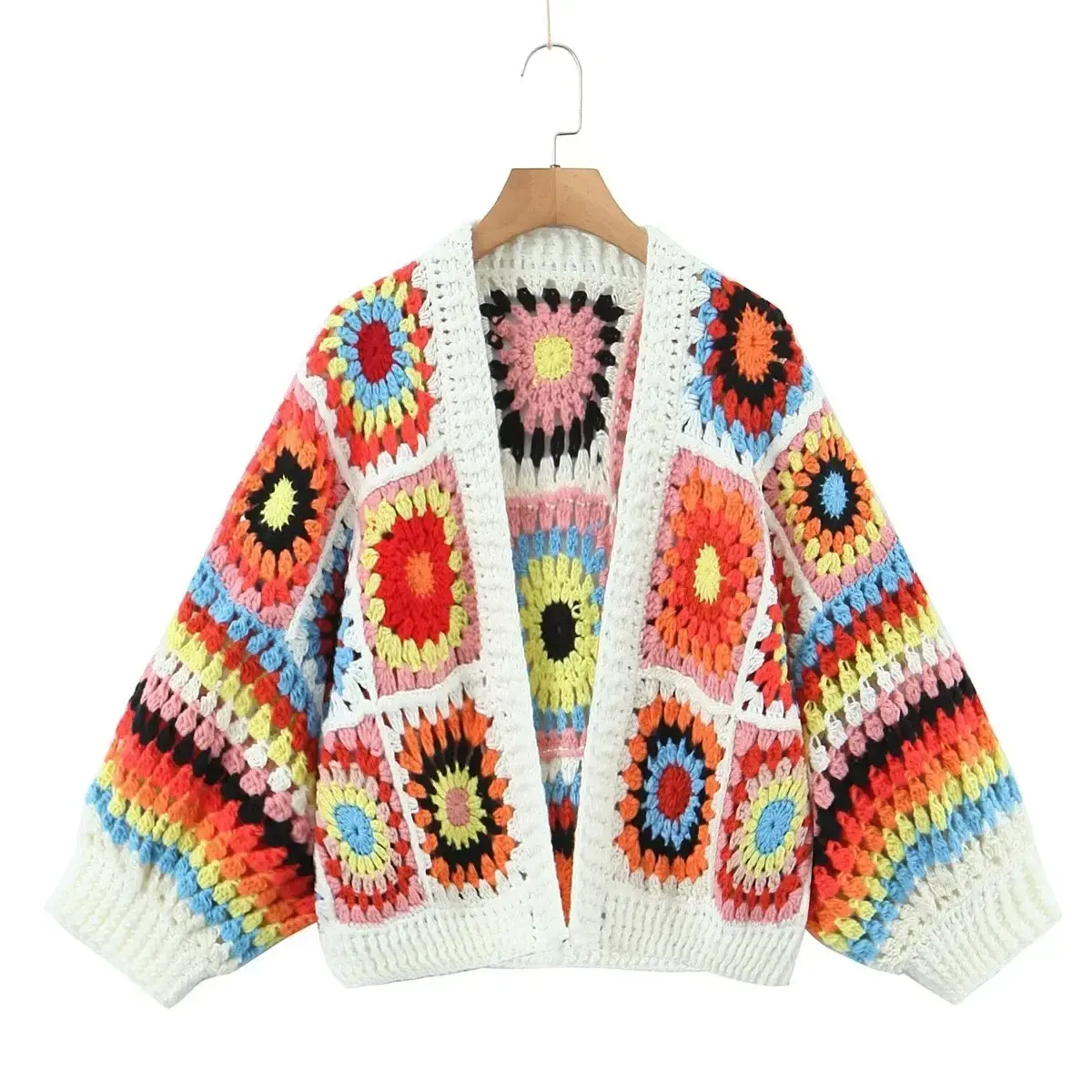 The Best High colorful women tops Cardigan knitted sweater Square Hand Crochet Plaid Pattern knitted jacket