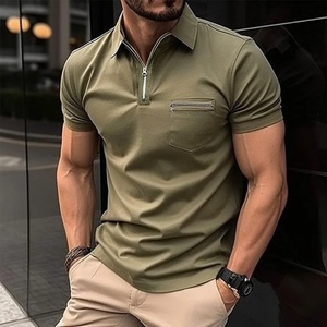Summer Men Solid Color Short Sleeve Turn-Down <b>Collar</b> Knitted Breathable Casual Half-Zipper for <b>Shirt</b> - Product Image 6