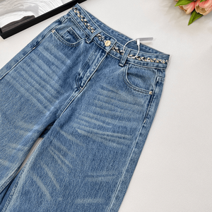 High <b>Waist</b> Wide Leg Jeans with <b>Chain</b> <b>Waist</b> Detail Vintage Wash Denim Pants - Product Image 5