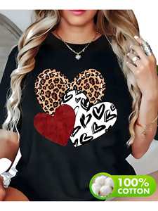 T-shirt Nera da Donna a Maniche Corte con Scollo Rotondo, Stampa Cuore e Leopardato con Cuore Rosso, 100% Cotone, Casual, Top Primavera Estate - Product Image 3