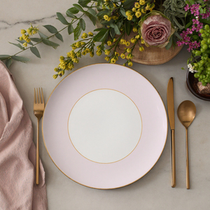 Bộ đĩa sứ xương màu hồng bán buôn, họa tiết cây cối, viền vàng, dùng cho đám cưới - Product Image 2