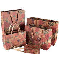 Sac cadeau en papier kraft imprimé offset de haute qualité, motif floral vintage rose, ruban personnalisable, sac fourre-tout, artisanat de bougies