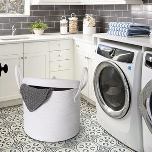 Large 15\" X 13\" Modern White <strong>Wicker</strong> <strong>Storage</strong> <strong>Basket</strong> Cotton Rope Lid Kids Decorative Toy Bin Box Cover for Baby <strong>Storage</strong> Fabric - Product Image 6