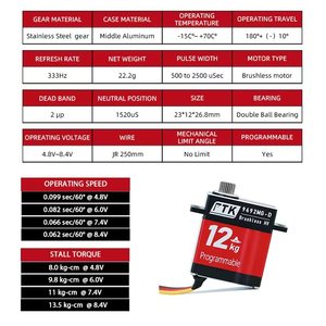 PTK 9492 MG-D 9g 12 ק\\\"ג סרבו דיגיטלי ללא מברשות עמיד למים מפלדת אל-חלד בעלת מומנט גבוה למטוסי כנף קבועה - Product Image 2