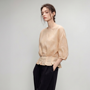 Rambar Lyocell Blend Elegant Round Neck Tie Waist Loose Fit Slimming Shirt For Women High End Feel - Product Image 1