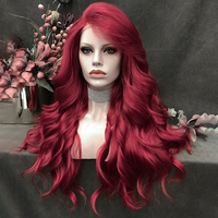 Perruque de célébrité, couleur rouge vif, longue, ondulée, synthétique, avec dentelle frontale, look volumineux pour festival et vacances
