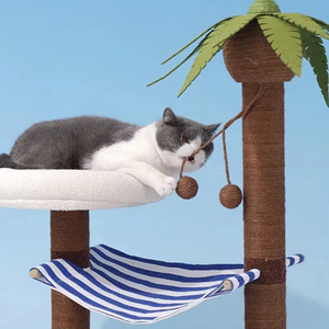 Structure d'escalade et lit tout-en-un pour chat, design moderne et classique, motif cocotier, avec griffoir et jouet à griffer pour chat, en MDF et carton - Product Image 4
