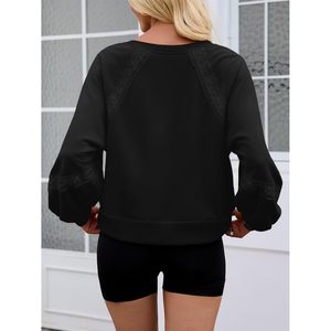 Sweat-shirt oversize pour femme, col en V, manches lanternes en dentelle, coupe courte et ample, pull d'automne noir - Product Image 4