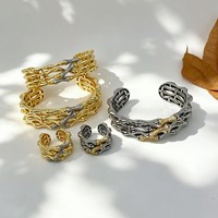 Ensemble de Bracelet et Bague en Laiton Bicolore Style Bambou Plaqué Or 18K avec Micro-Pavé de Zirconium – Cadeau de Mariage et Fiançailles de Luxe – Vente en Gros