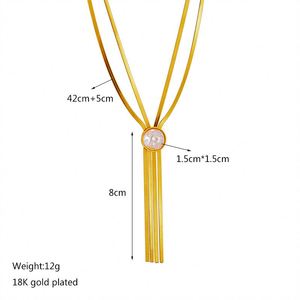 Collier double couche en acier inoxydable plaqué or 18 ct avec perles rondes et longues glands Bijoux pour femmes - Product Image 6