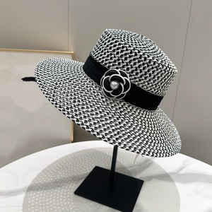 Chapeaux de paille élégants de haute qualité avec camélia, chapeaux de plage de luxe écologiques à bord large et dessus plat avec perles pour femmes, Sombrero De <span class=keywords><strong>Camelia</strong></span> - Product Image 6