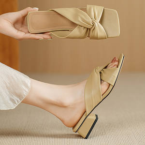 Summer Korean Style Genuine Leather Fashion Trend Comfortable Simple Slip-On Square-Toe Chunky Low-Heeled <b>Crossover</b> Ankle Strap - Product Image 6