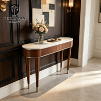 Tables consoles de luxe cannelées en noyer, vente en gros d'usine, table d'entrée moderne avec plateau en marbre pour salon, hôtel, villa