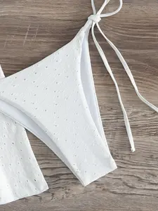 Sexy Solid White Tied Strings Bikini Set For Woman Custom High Waist Dots Beachwear Suit 3 Pcs