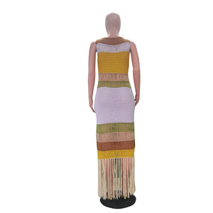 Herbst Sommer Frühling Ärmelloses Farbblock-Strickkleid Buntes Gestreiftes Langes Maxi-Kleid Sexy Bodycon Elegantes Lässiges Quastenkleid für Damen - Product Image 4