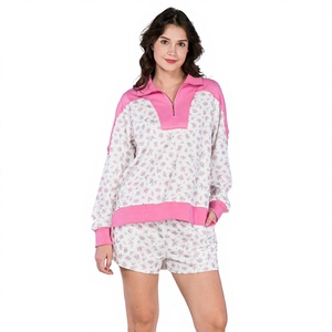 Ensemble 2 pièces imprimé floral pour femmes, avec haut à fermeture éclair et bordure rose, coupe ample décontractée, vêtements de printemps et d'été - Product Image 1