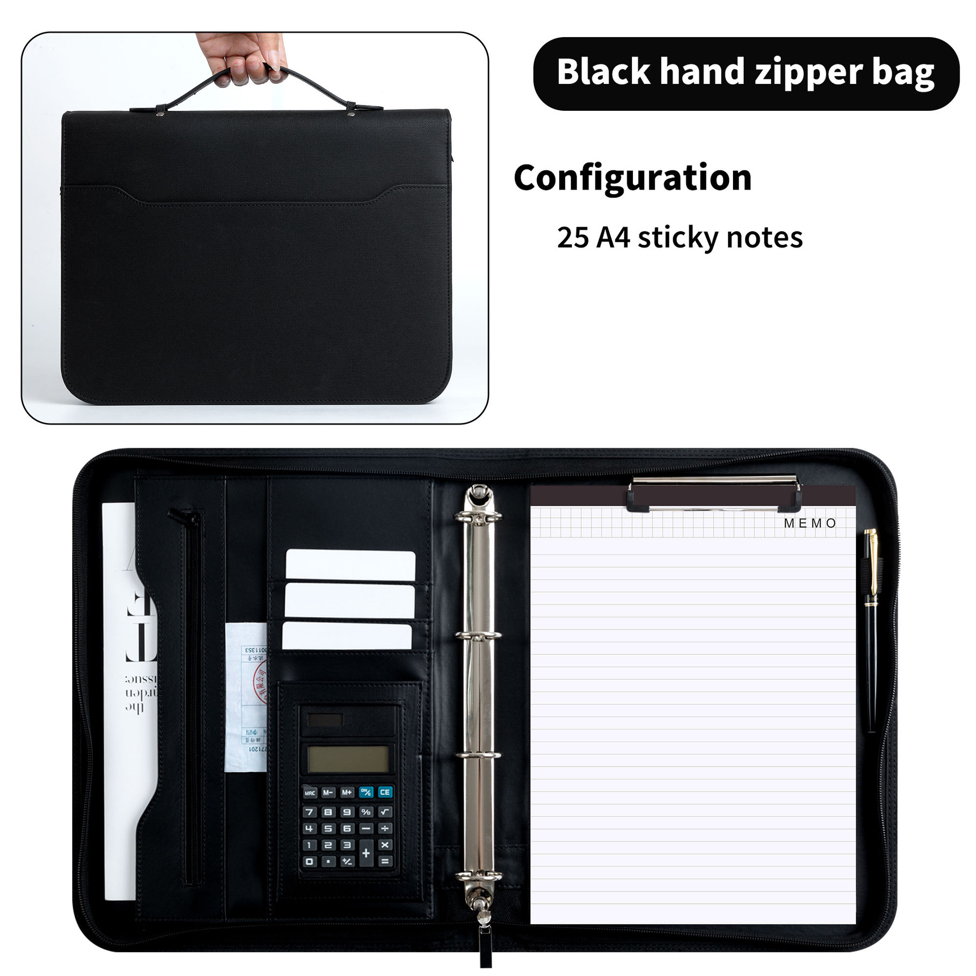 Black calculator + 25 note paper