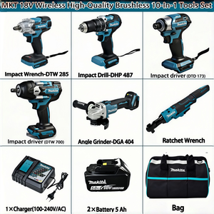Ensemble d'outils électriques industriels en gros, 10 pièces, kit combiné <span class=keywords><strong>Makita</strong></span> original 9-en-1, batterie Li-ion 18V, clé à chocs sans fil, meuleuse, tournevis - Product Image 2