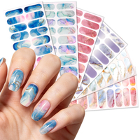 Strip Kuku Palsu Motif Marmer Hijau Tua Teal dengan Urat Emas Gaya Ink Wash Tahan Air Tahan Lama untuk DIY Fashion