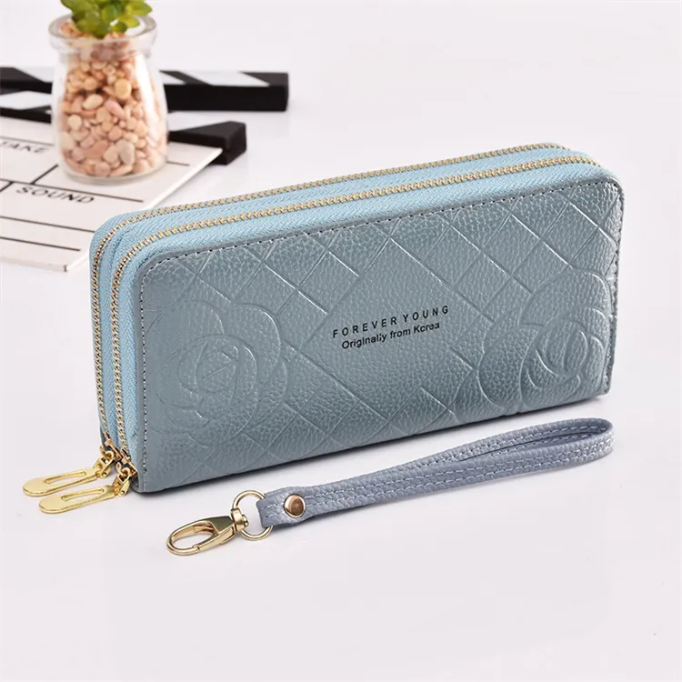 Female Wax Leather Retro Slim Double Zip Wallets Woman Ladies Purses