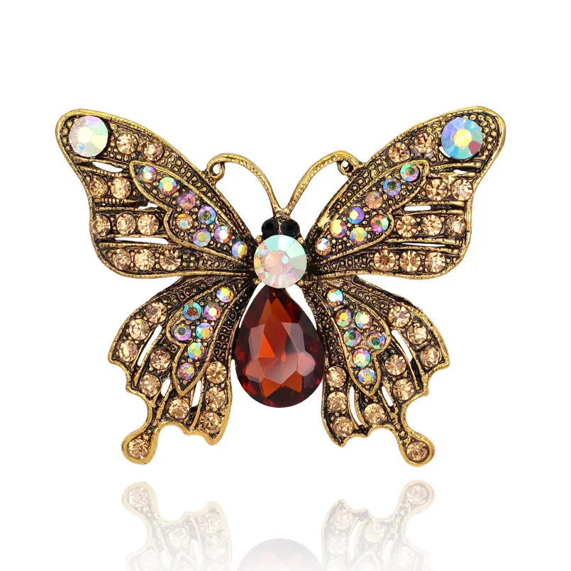 Broche rétro brodée en diamant motif papillon, accessoire de décoration populaire, couleur or, diamant