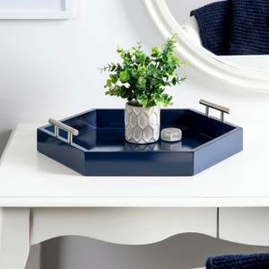 Navy Blue Hexagonal Serving <b>Tray</b> with Sleek Handles and Contemporary Design Ideal for Stylish Serving <b>Drinks</b> and Snacks - Product Image 1