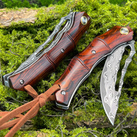 Couteau pliant tactique en acier Damas VG10, design bambou, manche en bois de rose, pour survie, camping, chasse, pêche