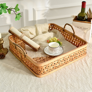 Plateau de rangement en rotin tressé et bambou pour assiettes de dîner et vaisselle de fête, style ferme, pour cuisine et maison - Product Image 3